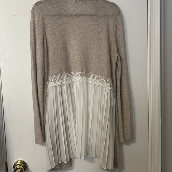 Fever Oatmeal Long Open Cardigan with Sheer Cream Pleated Insert Medium - Picture 4 of 4
